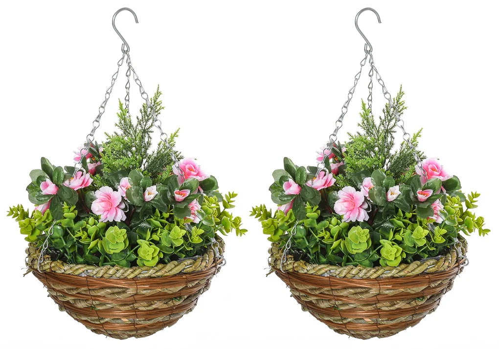 Outsunny Set 2 Ghivece de Agățat cu Plante Artificiale Lisianthus, Suport din Răchită și Bază de Ciment, Ф25x34cm | Aosom Romania