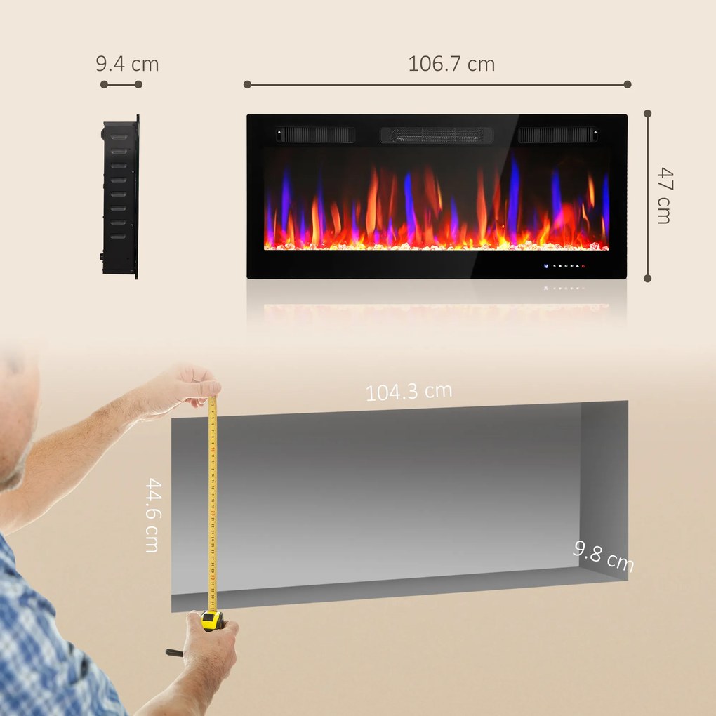 HOMCOM Șemineu Electric de Încorporat cu Flacără Independentă, 3 Moduri de Încălzire și Telecomandă, 106.7x9.4x47 cm, Negru | Aosom Romania