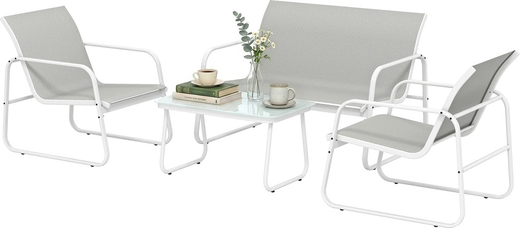 Outsunny Set de grădină exterior de 4 piese cu canapea de 2 locuri, 2 fotolii, masă cu sticlă securizată, textilene gri deschis | Aosom Romania
