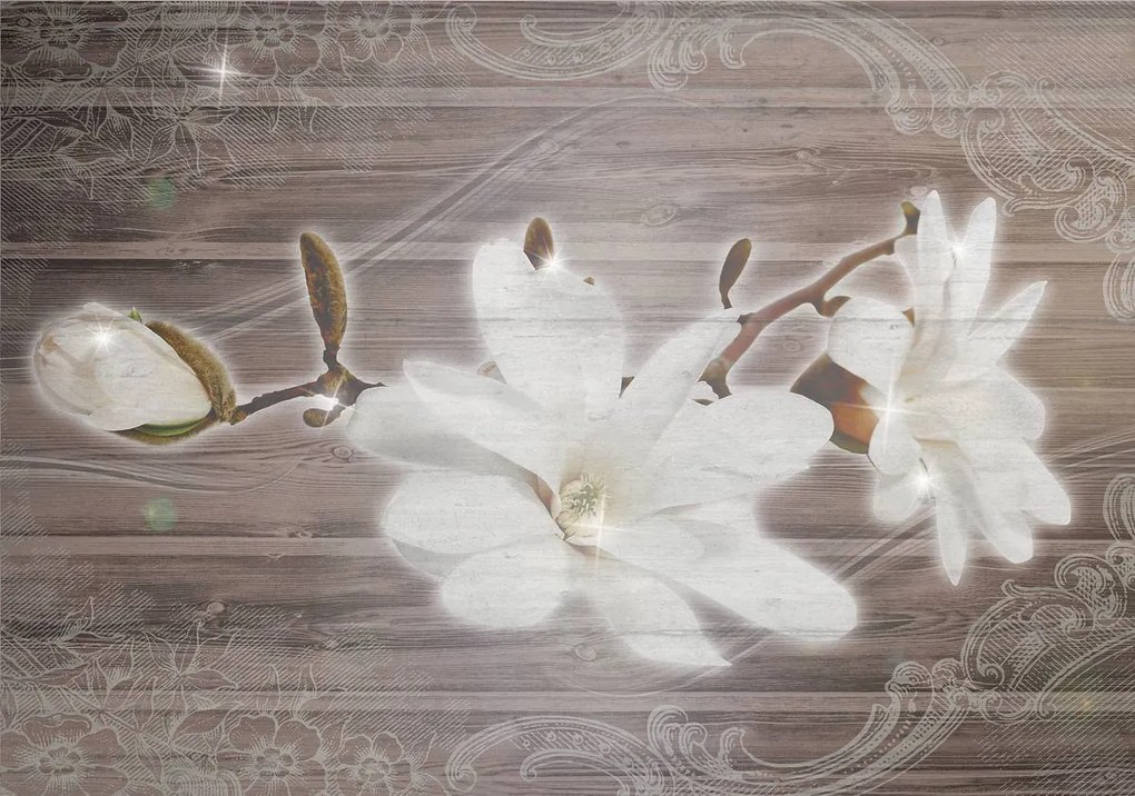Fototapet - Flori pe fundal din lemn (254x184 cm)