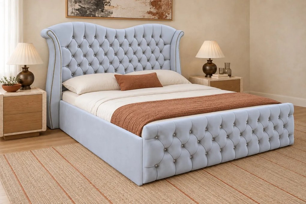 Pat tapițat Chesterfield Avella 160×200 cm, gri deschis, cu ladă de depozitare