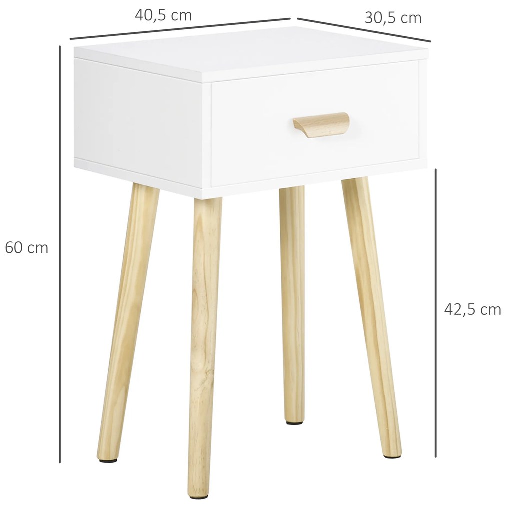 HOMCOM Set de 2 Noptiere cu Sertar și Picioare de Lemn pentru Dormitor Sufragerie Pat Birou 40,5x30,5x60 cm Alb | Aosom Romania