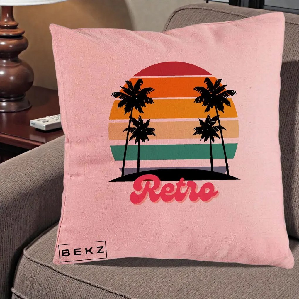 Perna Decorativa Retro Sunset Palmieri, 40x40 cm, Roz, Husa Detasabila, Perna Inclusa, BEKZ®