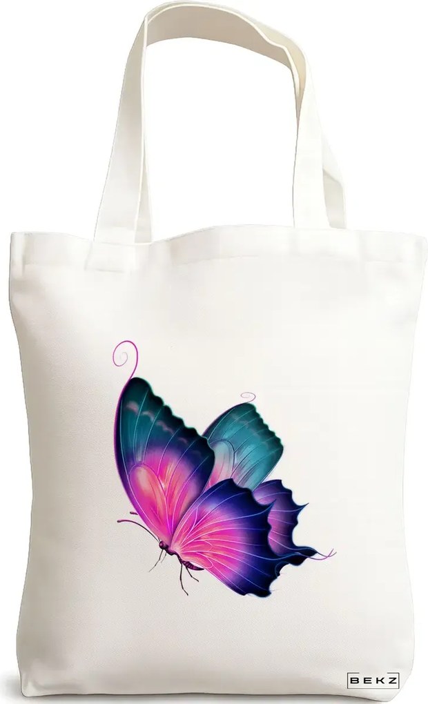 Sacosa de Panza pentru Cumparaturi, Geanta Tote, model Colorful Butterfly, 38x34.5 cm, Alba, BEKZ®