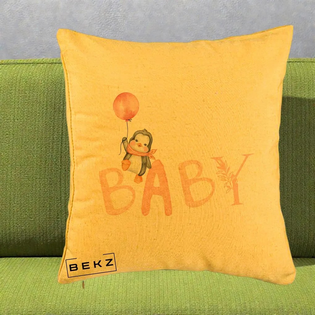 Perna Personalizata Baby Pinguin Roz, 40x40 cm, Galben, Husa Detasabila, Perna Inclusa, BEKZ®