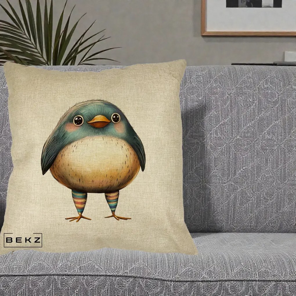 Perna Decorativa Pasare Teal-Bej cu Sosete Curcubeu, 40x40 cm, Crem, Husa Detasabila, Perna Inclusa, BEKZ®