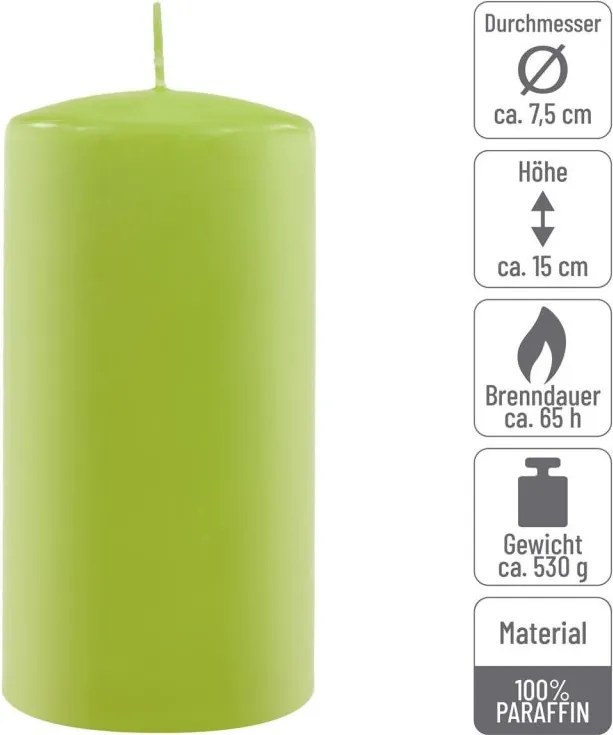 Set de lumânări pilon, 15 cm, Ø 7,5 cm, verde deschis, 4 buc