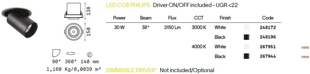 Spot LED directionabil, incastrabil pentru tavan fals NOVA 30W 4000K WH