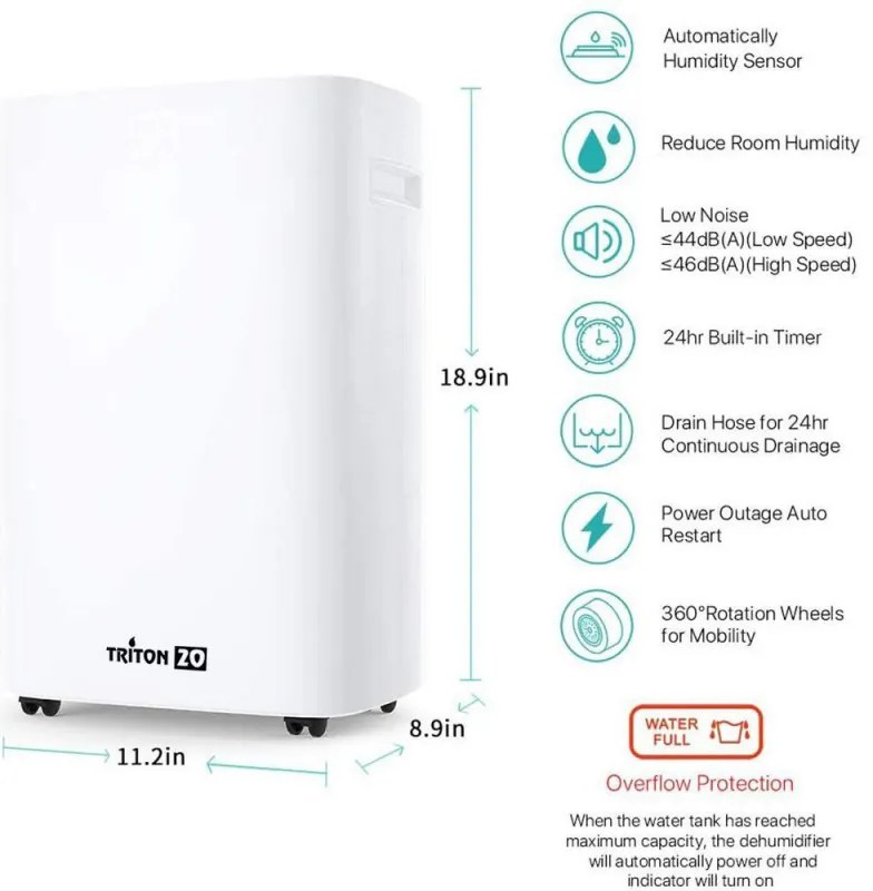Dezumidificator Attractive TRITON 20, 340W, 2.5 L, Pana la 24L/24h, R290, Timer, Dezghetare automata, Senzor de umiditate, Alb