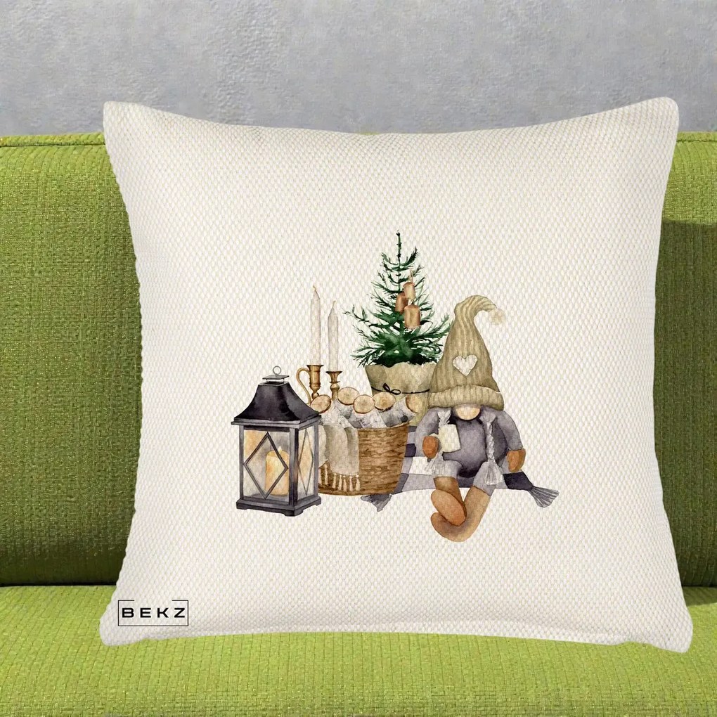 Perna Decorativa Gnom Scandinav cu Felinar, 40x40 cm, Crem Reliefat, Husa Detasabila, Perna Inclusa, BEKZ®