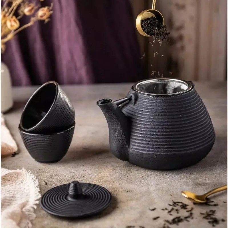 La mâna a doua: Ceainic din fonta cu 2 cani Kinghoff KH 1846, 1 L, Filtru, Inductie, Negru