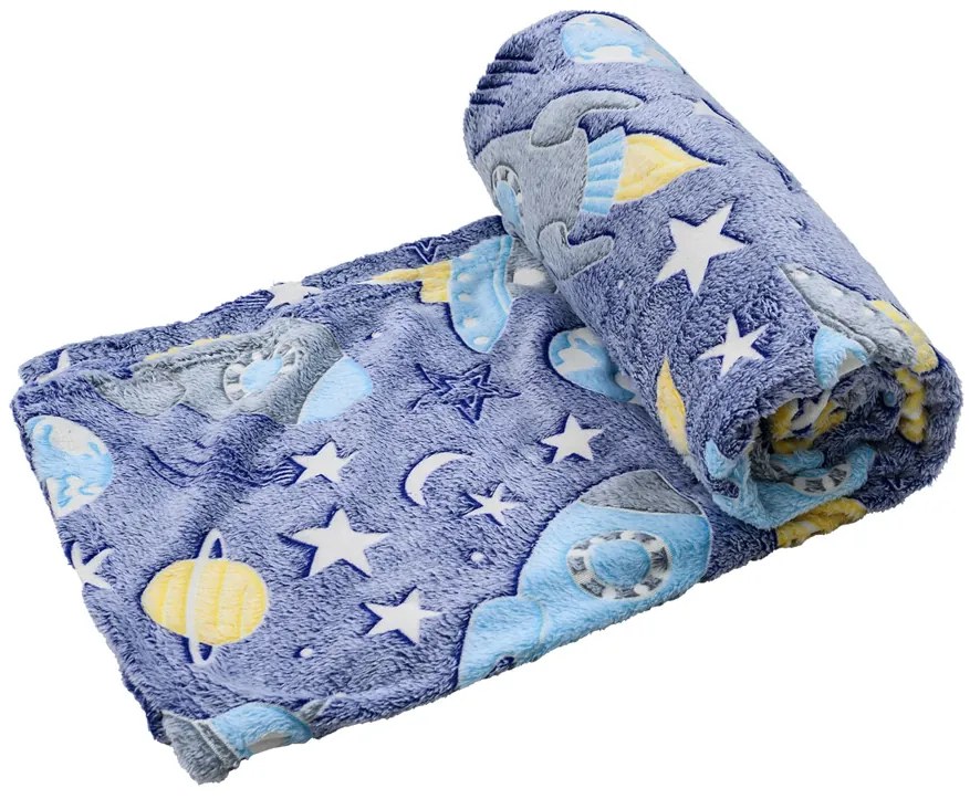 Patura fosforescenta microflanel COMET AND ROCKET 150x200 cm albastru-gri