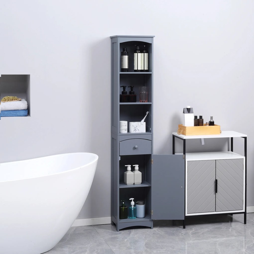 HOMCOM Dulap Înalt de Baie Îngust cu 1 Sertar și 3 Rafturi Deschise Stil Modern 34x24x170 cm Gri | Aosom Romania
