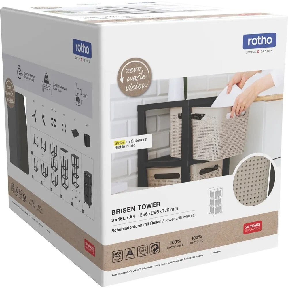 Etajeră pe roți albă/neagră din plastic 30x77 cm Brisen - Rotho