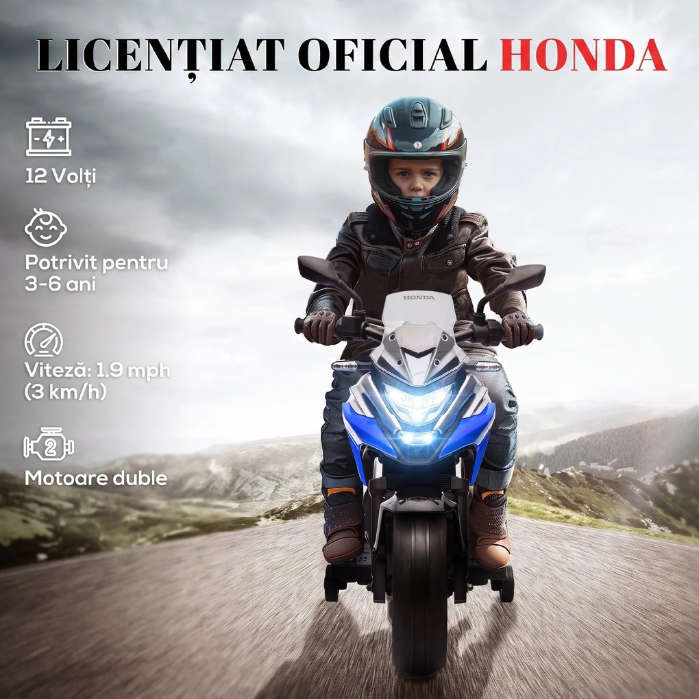 AIYAPLAY Motocicletă Electrică Copii, Licențiată Honda, Faruri Roți Antrenament, Albastră | Aosom Romania