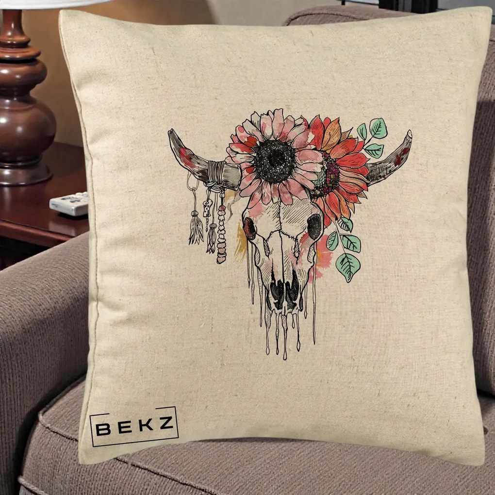 Perna Decorativa Craniu Boho Floral, 40x40 cm, Bej, Husa Detasabila, Perna Inclusa, BEKZ®