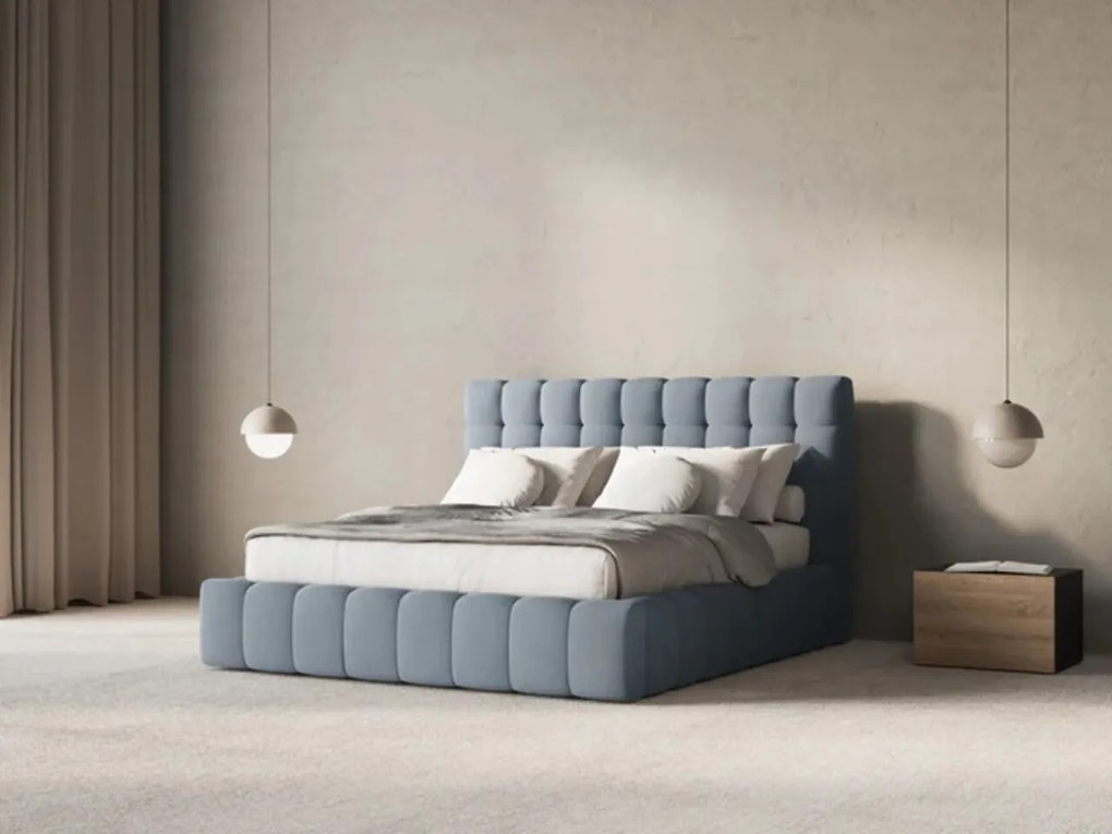 Pat tapitat cu tablie si lada depozitare, Mamaia, Micadoni Home, BL, 180x200 cm, catifea, albastru deschis