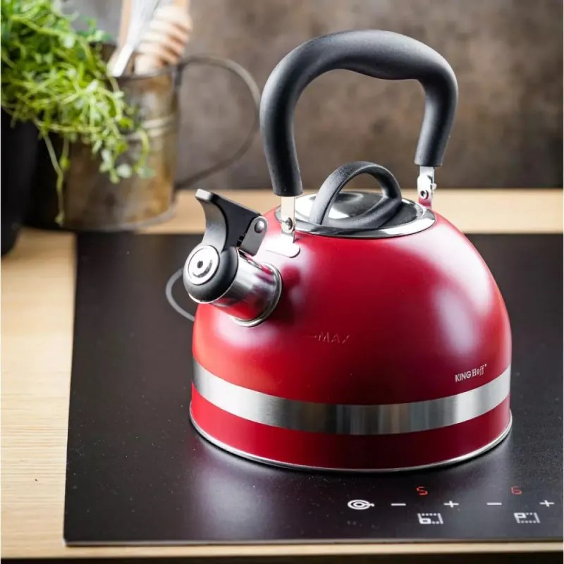 Ceainic cu fluier Kinghoff KH 1853, 1.8 l, Maner izolat termic, Inductie, Rosu/ Inox