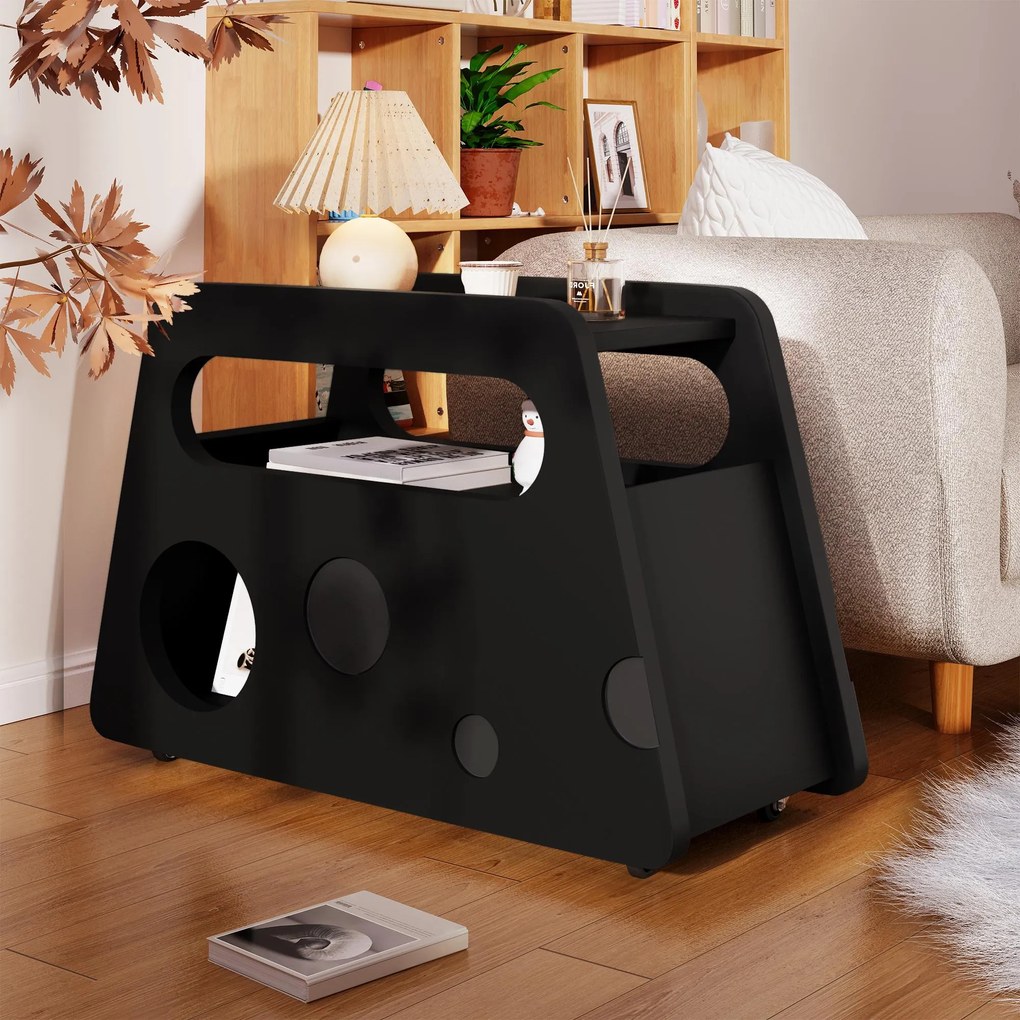 Măsuță laterală cu roți, colțuri rotunjite, mobilă, economisitoare de spațiu, pentru living și dormitor, 81x33x51,5 cm, Negru