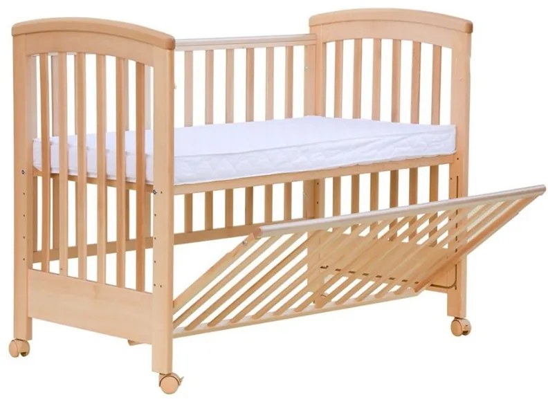 Patut co-sleeping 120x60 cu laterala culisanta total si roti Treppy Dreamy Plus, integral din lemn masiv fag, reglabil pe 5 nivele, include sistem de ancorare, certificat TUV, EN716-1, EN716-2, culoare natur + saltea cocos lux 9 cm