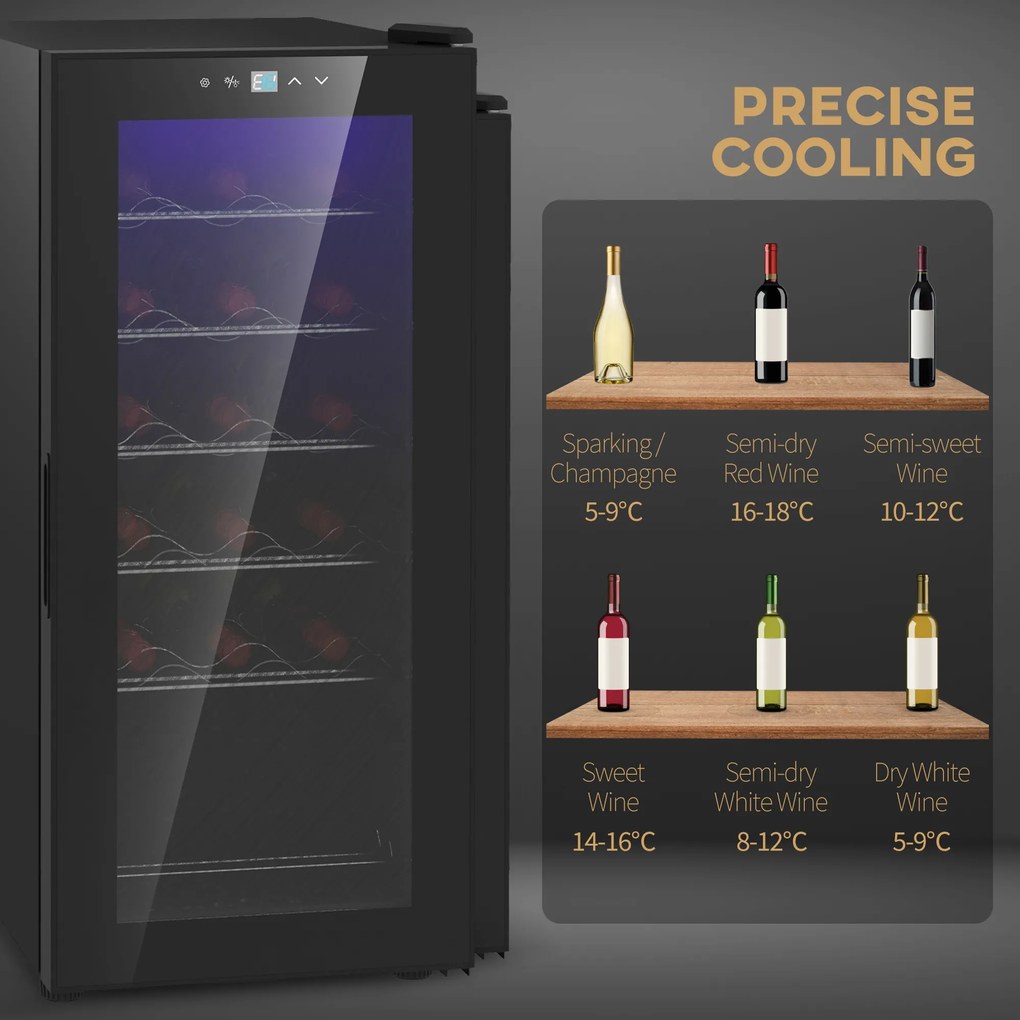 HOMCOM Frigider pentru Vinuri, Frigider de Vin cu Control al Temperaturii, Ecran Tactil Digital și Lumină LED, 18 Sticle, 34.5x45x78 cm, Negru
