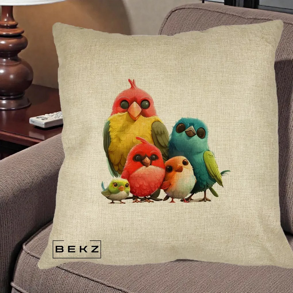 Perna Decorativa Familie de Pasarele Colorate, 40x40 cm, Crem, Husa Detasabila, Perna Inclusa, BEKZ®