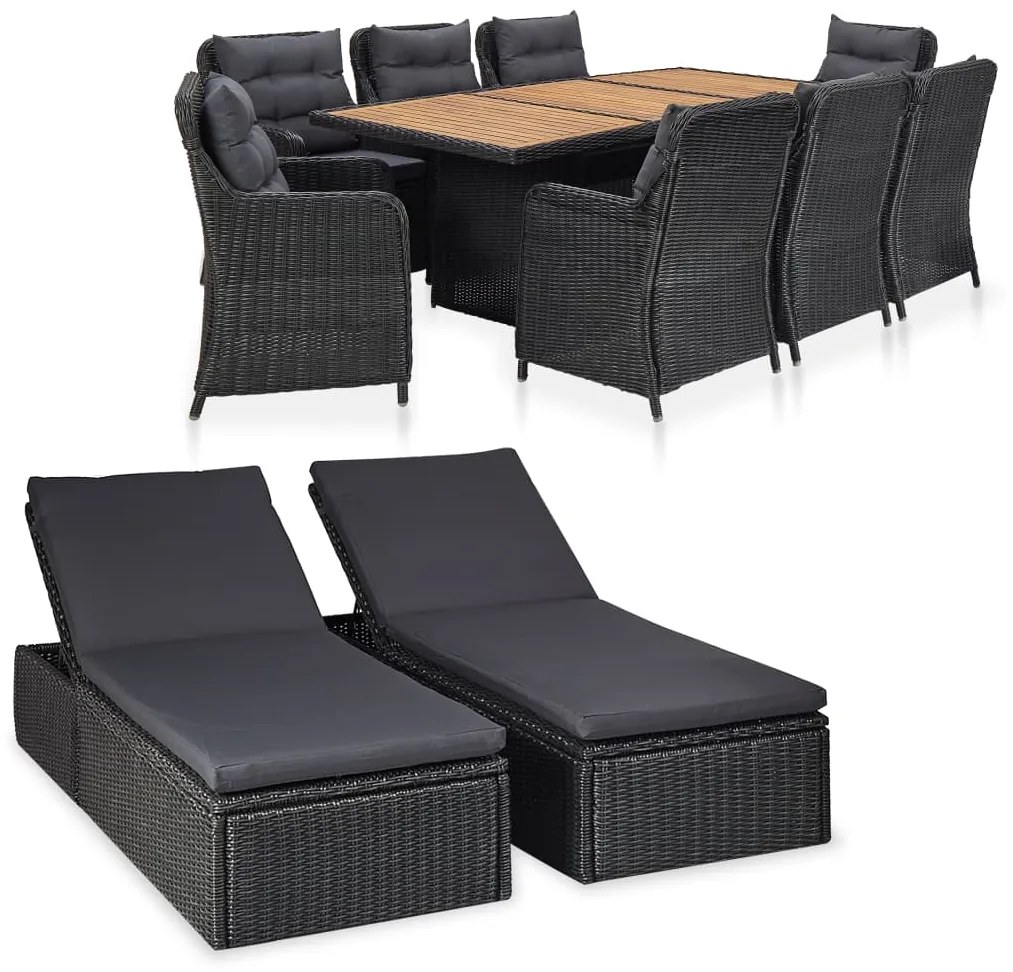 Set mobilier de exterior, 11 piese, negru, poliratan