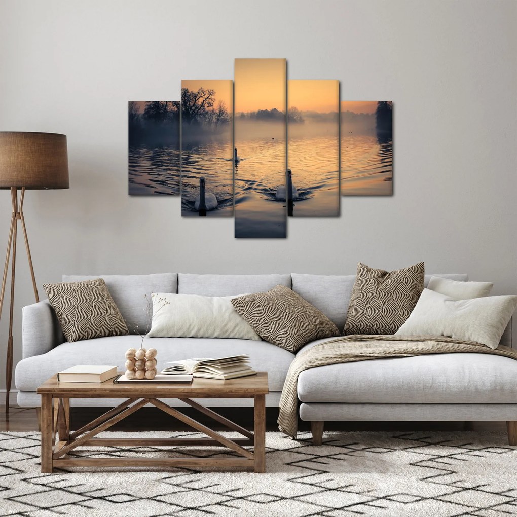 Tablou cu lebăde pe apă în ceață (150x105 cm)