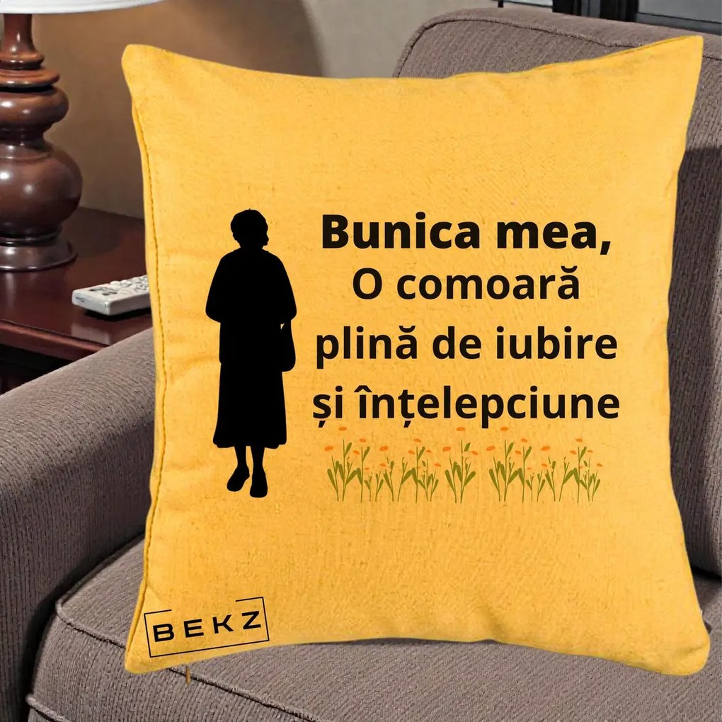 Cadou pentru Bunica - Perna Personalizata Bunica Mea Comoara Iubire Intelepciune Silueta cu Nepoata, 40x40 cm, Galben, Husa Detasabila, Perna Inclusa, BEKZ®