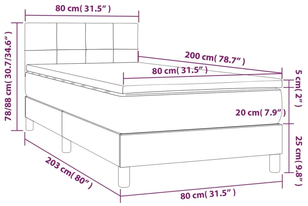 Pat box spring cu saltea, albastru, 80x200 cm, textil Albastru, 80 x 200 cm, Cu blocuri patrate