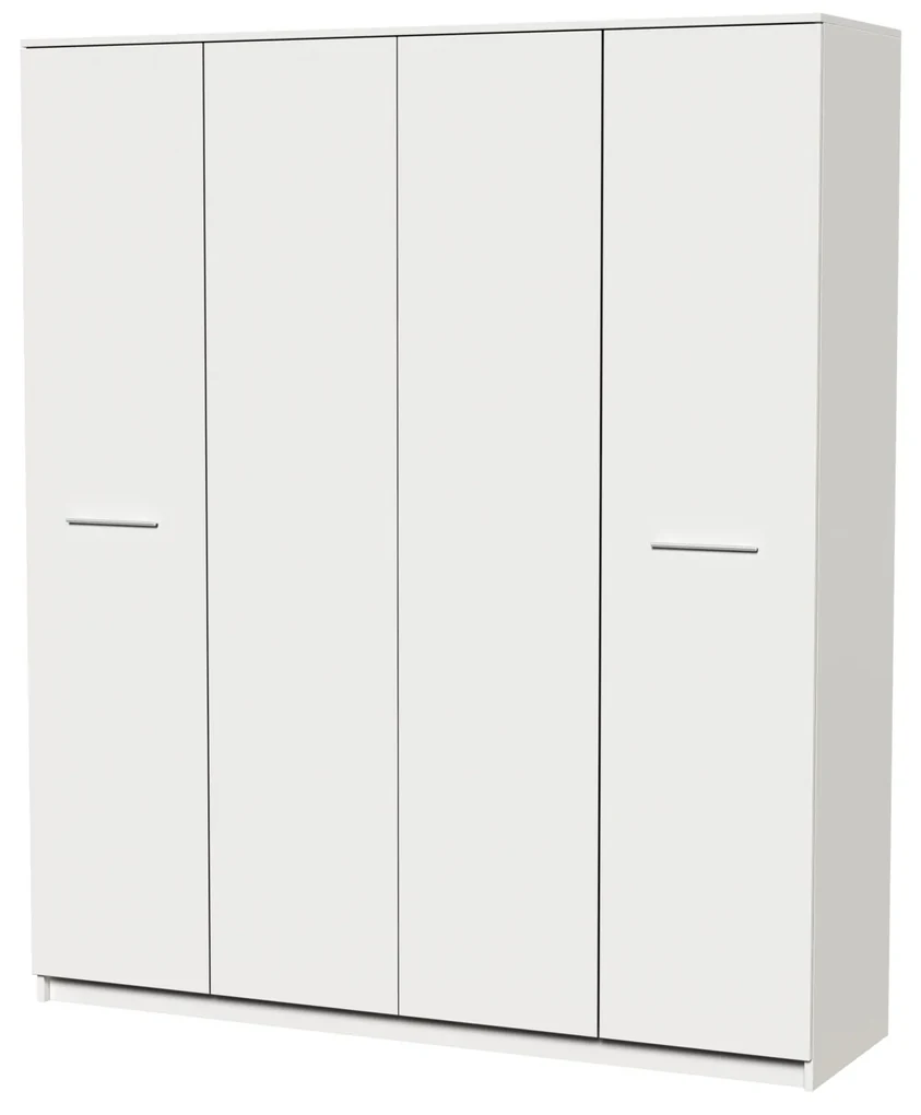 Dormitor Luiza 4U5P, culoare alb, cu pat standard 140 x 200 cm, dulap cu 4 usi, comoda si 2 noptiere