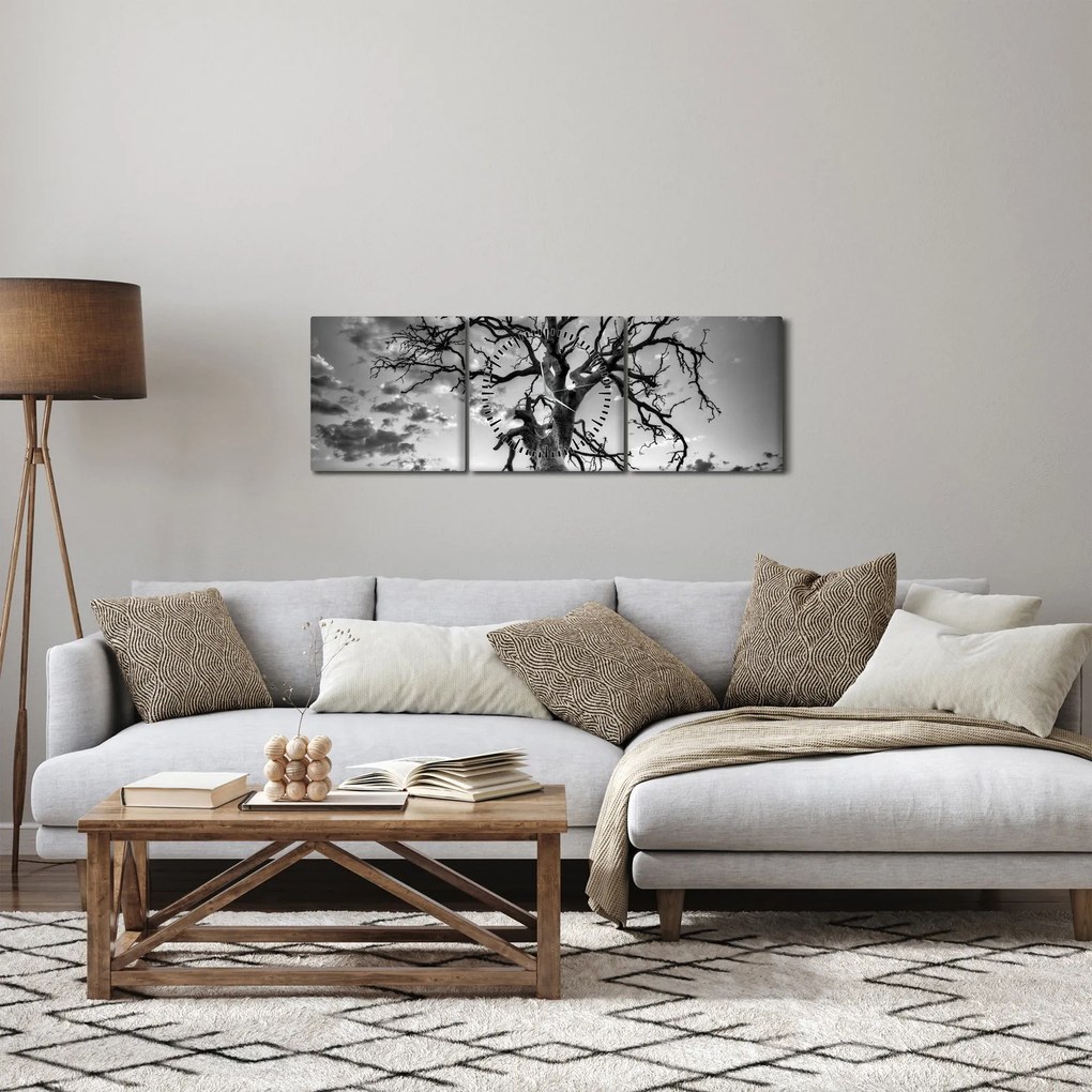 Tablou - Copacul, alb-negru (cu ceas) (90x30 cm)