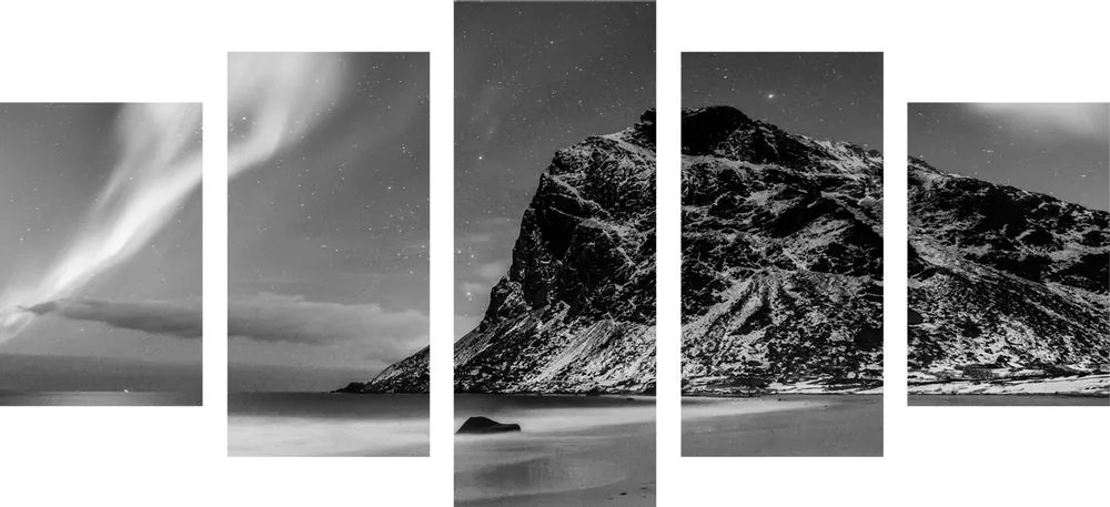Tablou 5-piese aurora polară în Norvegia în design alb-negru