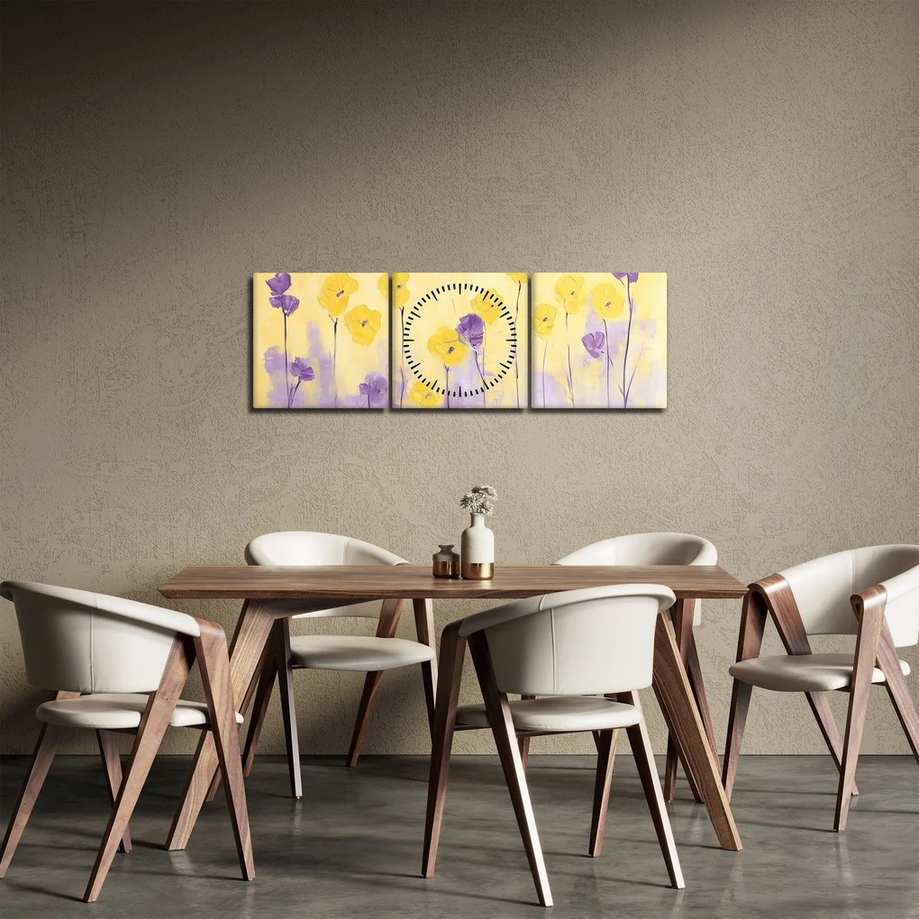 Tablou - Flori mov și galbene (cu ceas) (90x30 cm)