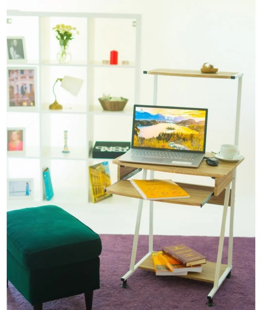 Birou pentru copii Novokids™ Shelf Computer desk, Cadru metalic, Cu raft depozitare si tavita retractabila pentru tastatura, Dimensiuni 60x50x117 cm,