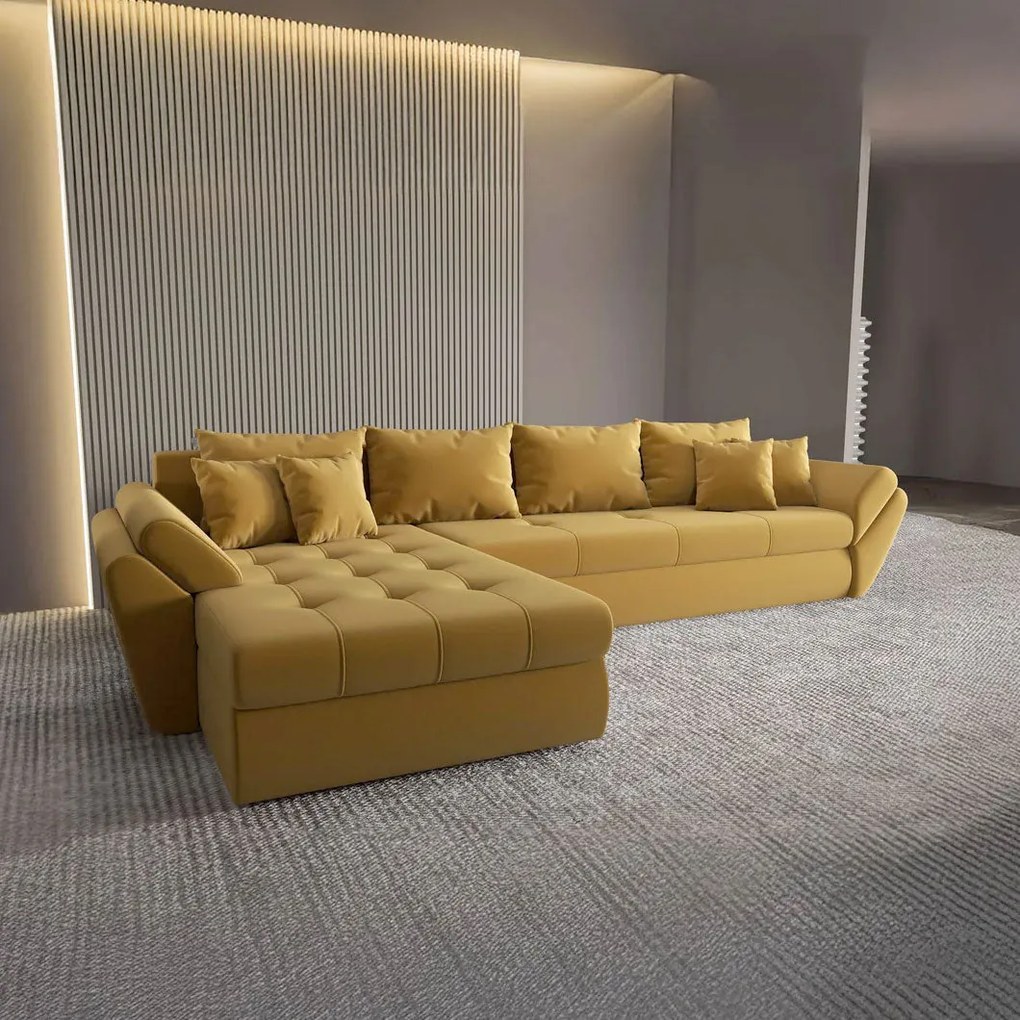 Colțar extensibil dumonde cu ladă de depozitare si sezut confortabil din spuma high-density, Loana XL Royal Mustar 335x185 cm