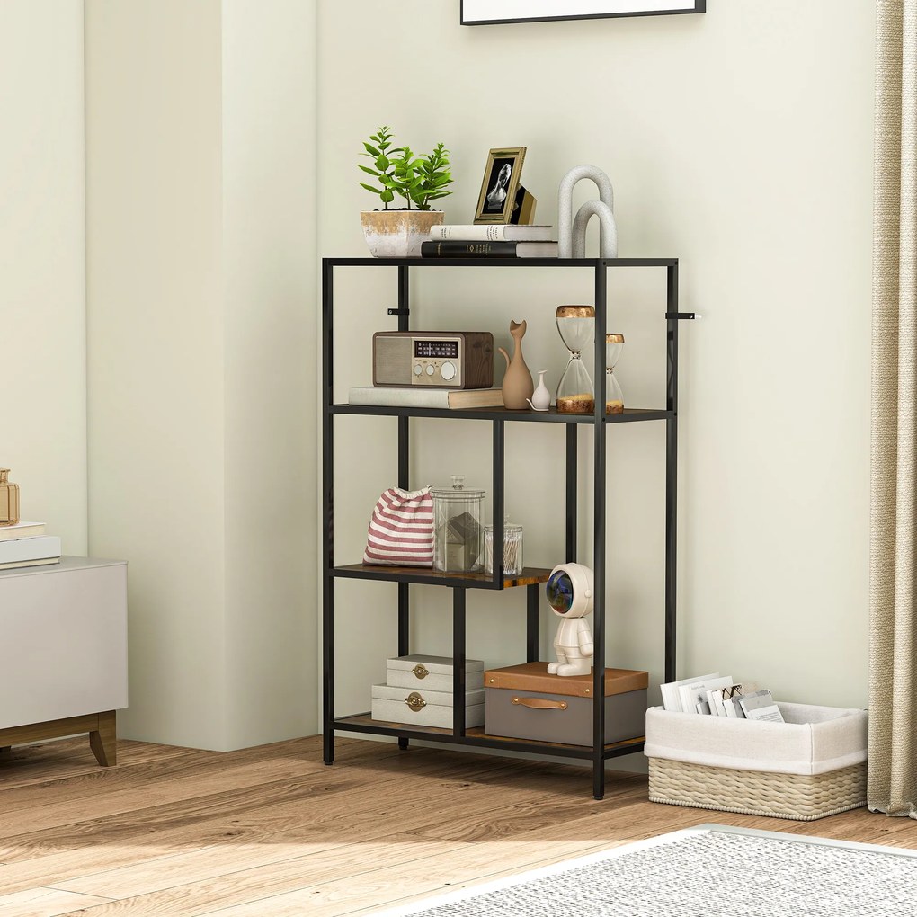HOMCOM Bibliotecă cu 4 Rafturi, Stil Industrial, Lemn și Metal, 77x30x116cm, Maro | Aosom Romania