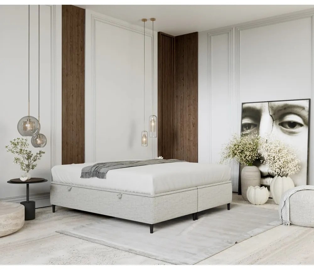 Pat matrimonial gri deschis tapițat cu spațiu de depozitare 160x200 cm Tate – Maison de Rêve