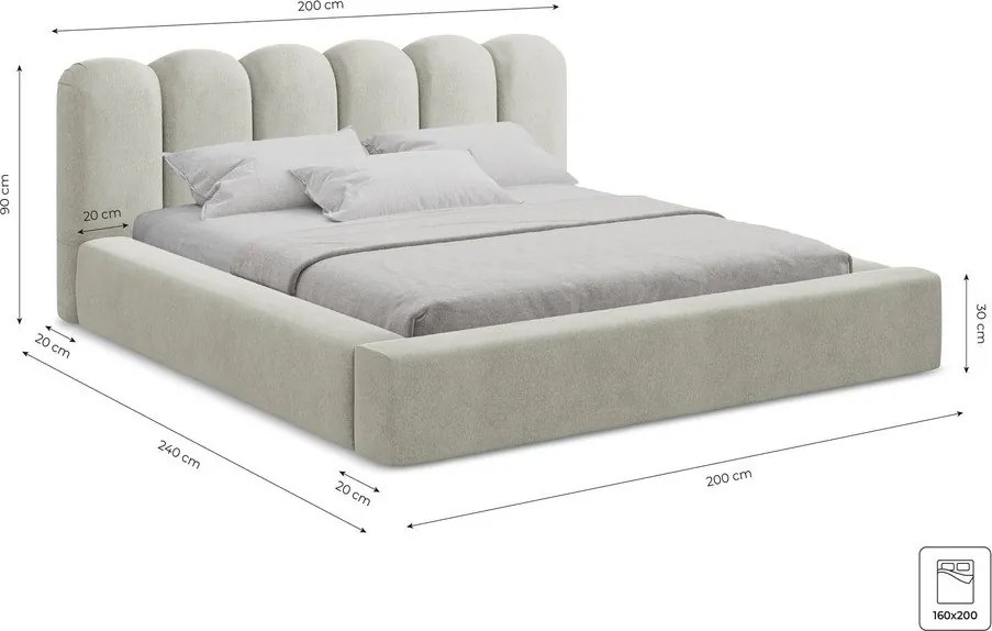 Pat matrimonial bej tapițat cu spațiu de depozitare cu somieră 160x200 cm Mano – Makamii