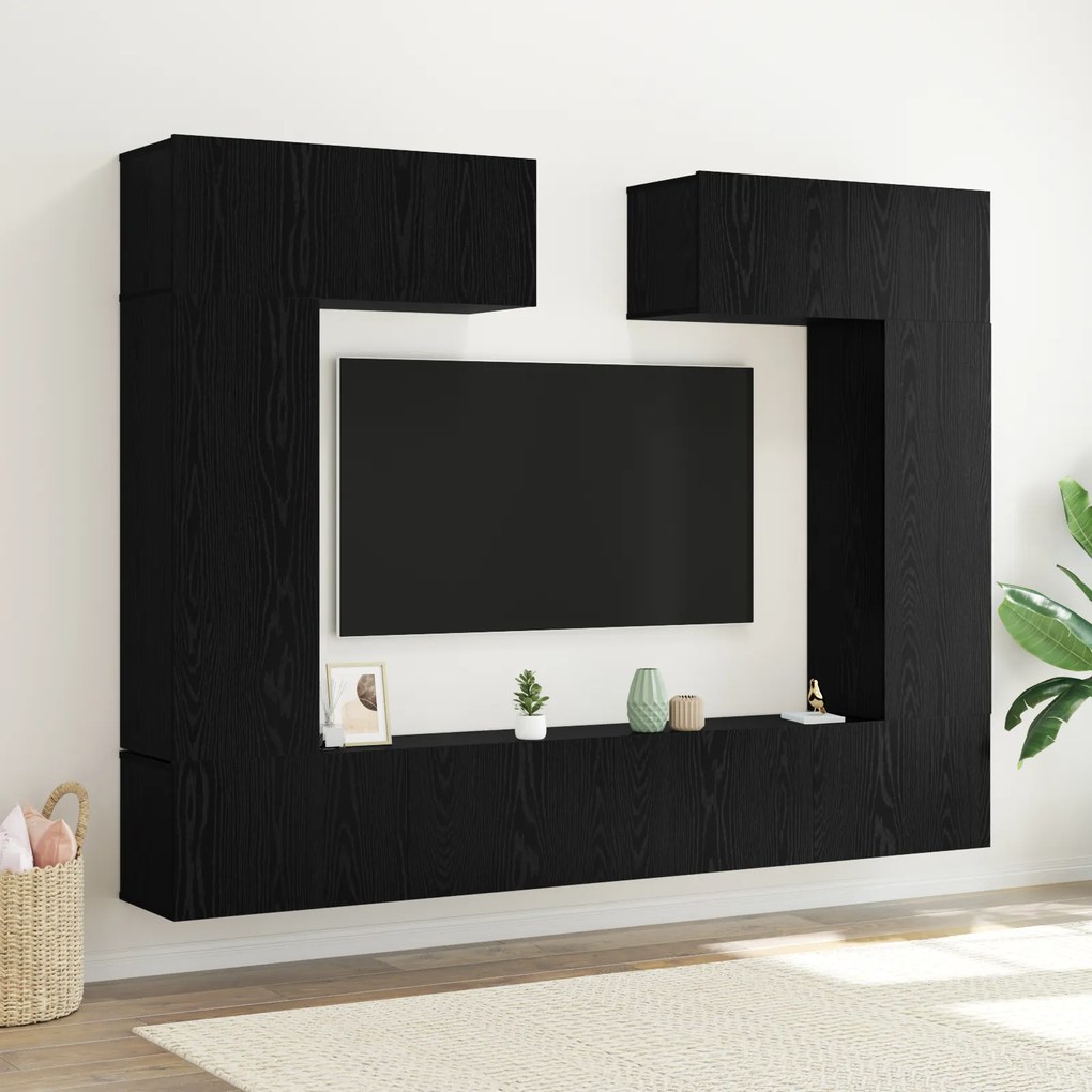 vidaXL Set TV de 8 piese – montat pe perete, stejar negru, lemn compus