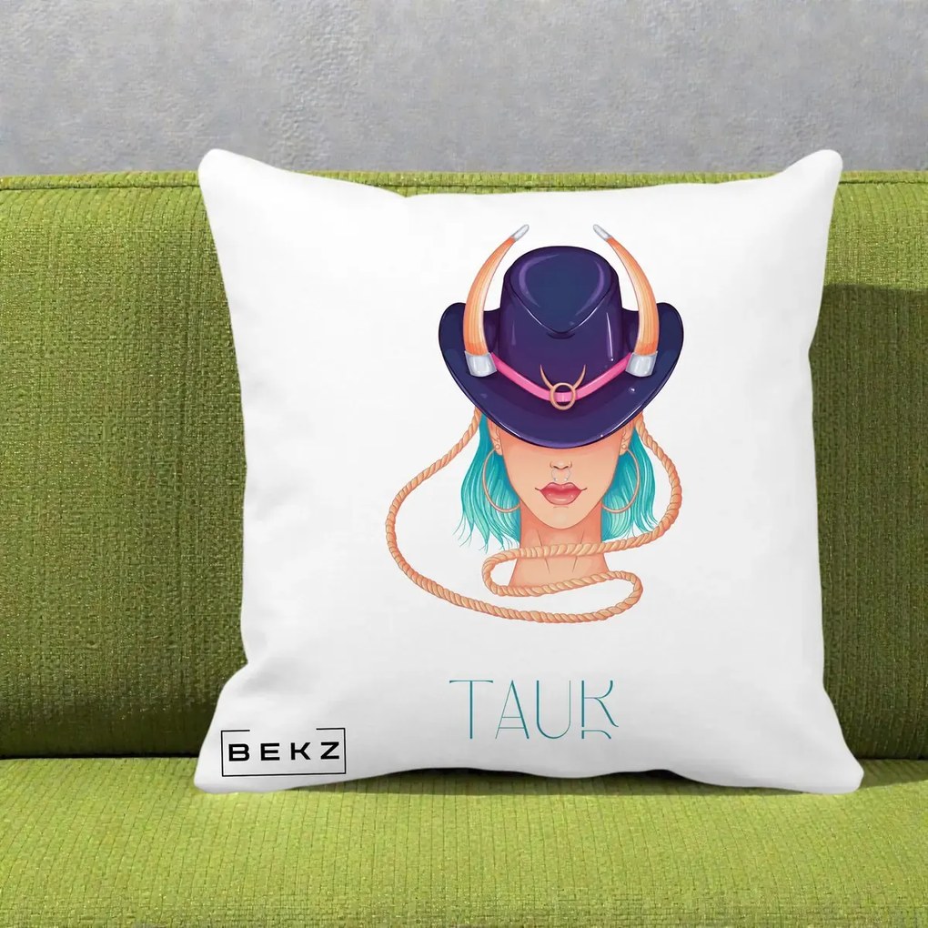 Perna Personalizata Zodie Taur, 40x40 cm, Alba Mata, Husa Detasabila, Perna Inclusa, BEKZ®