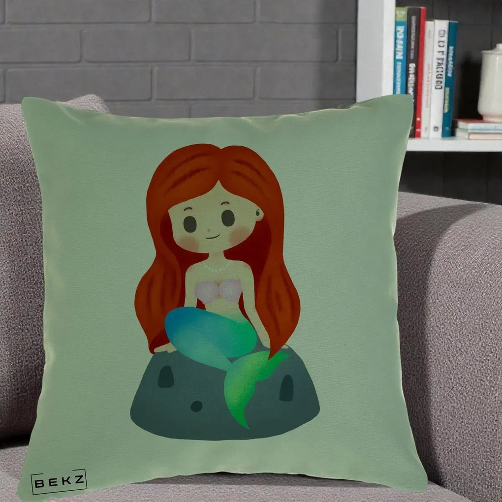 Perna Personalizata Sirena Kawaii Roscat, 40x40 cm, Verde, Husa Detasabila, Perna Inclusa, BEKZ®