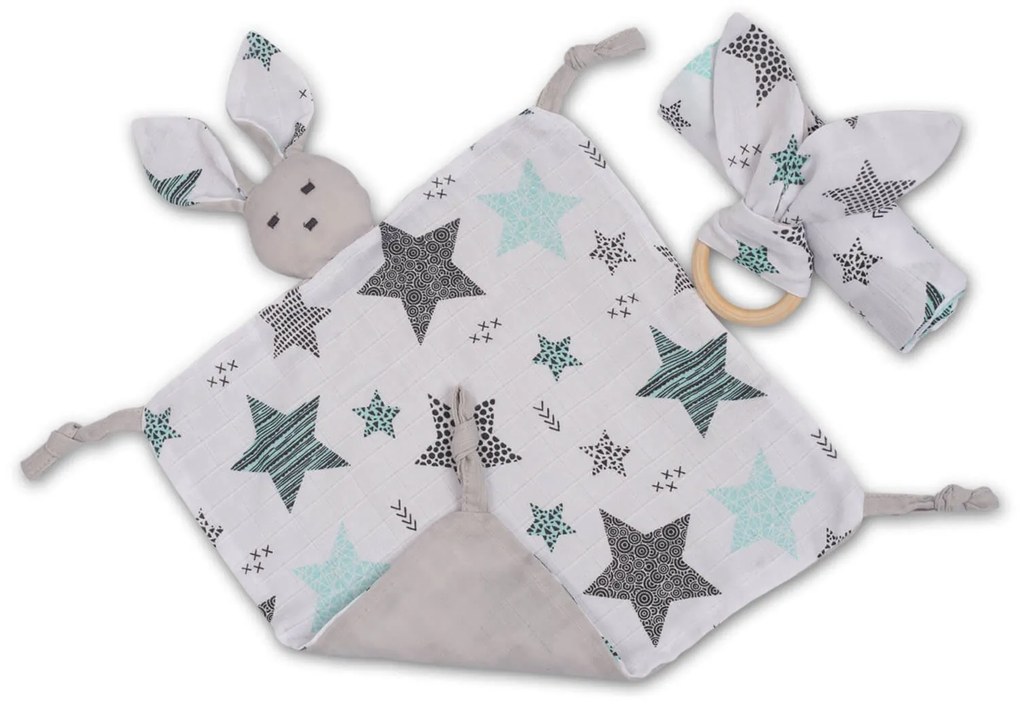 Set 3 piese din muselina Kidizi All Mint Stars, include paturica muselina, jucarie atasament si inel de dentitie din lemn