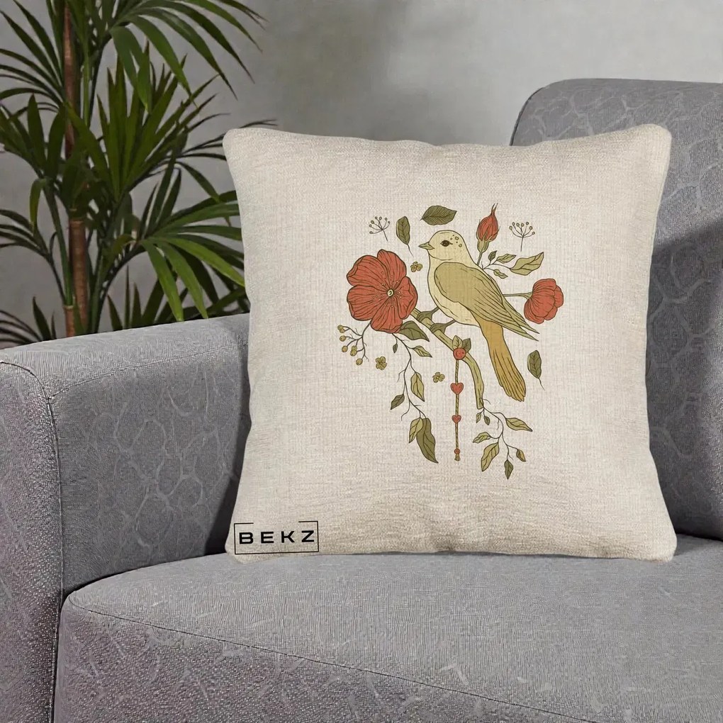 Perna Decorativa Pasare pe Ramura cu Maci, 40x40 cm, Bej Canapea, Husa Detasabila, Perna Inclusa, BEKZ®
