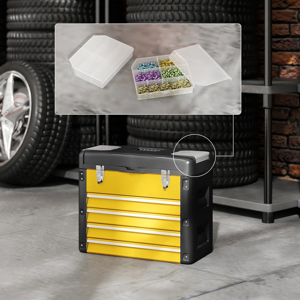 HOMCOM Cutie pentru scule cu 4 sertare, cufăr din oțel termolacat cu tavă detașabilă, 49,7x25,3x40,7 cm, galben | Aosom Romania