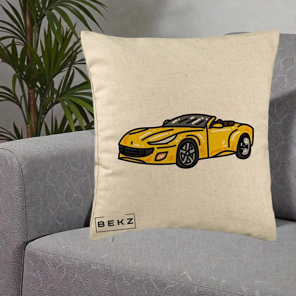 Perna Personalizata Masina Cabriolet Galbena Grafic, 40x40 cm, Bej, Husa Detasabila, Perna Inclusa, BEKZ®