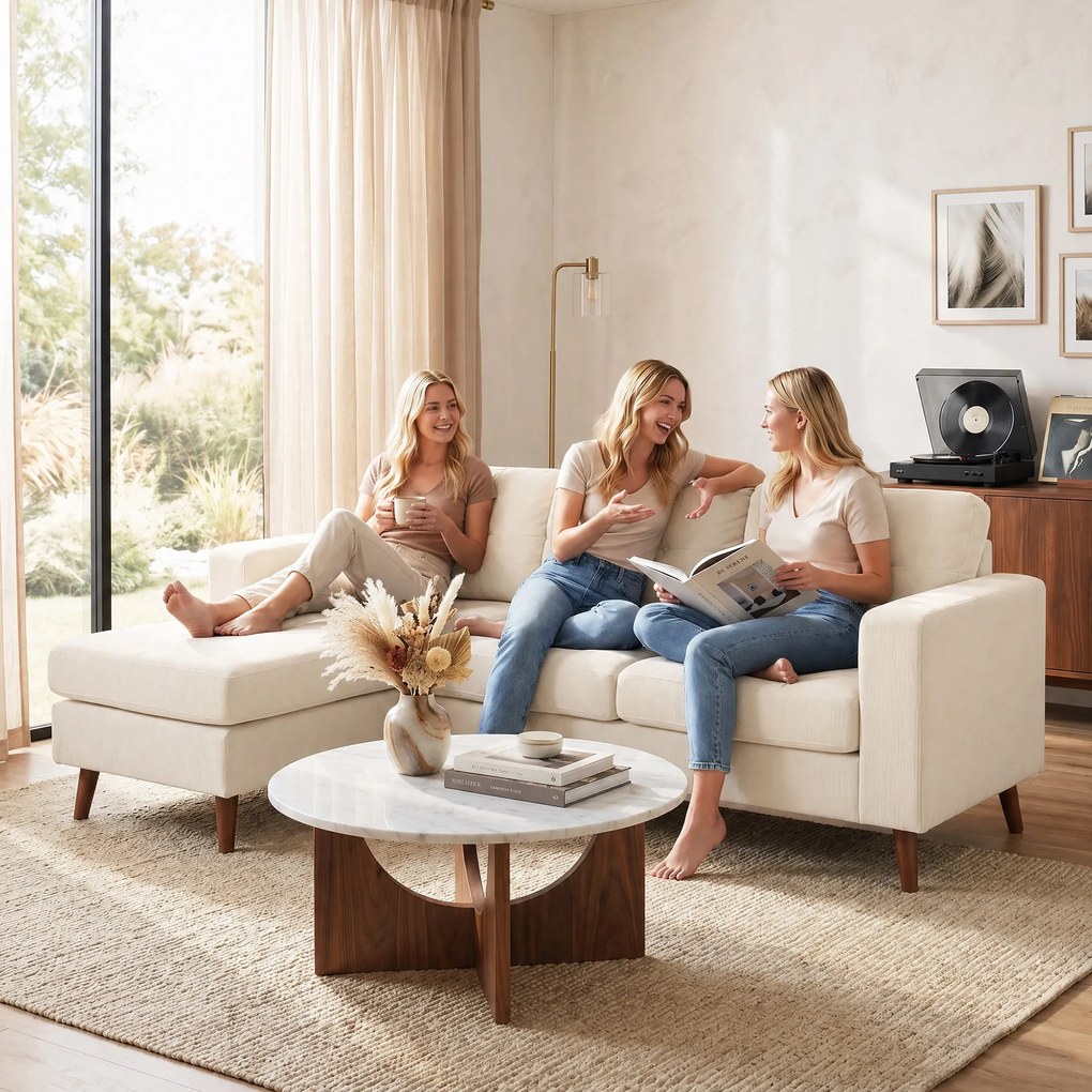 HOMCOM Canapea colțar 192 cm în formă de L, canapea 3 locuri cu chaise-longue reversibilă, aspect cord, pentru spații mici, alb crem | Aosom Romania