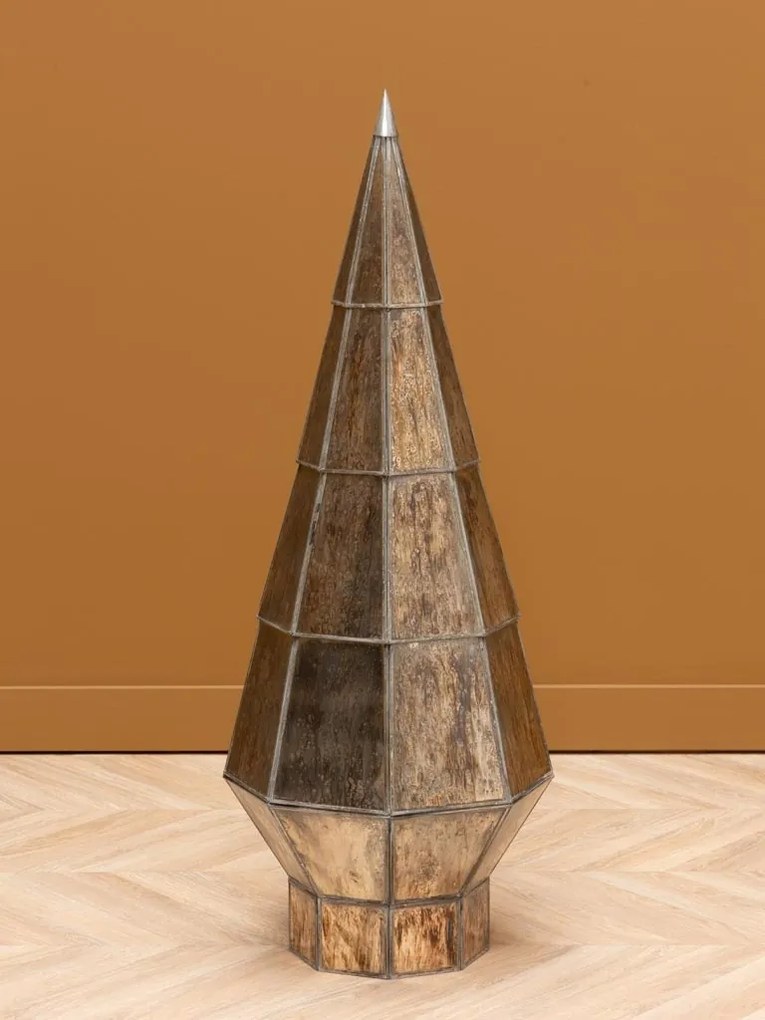 Brad decorativ din sticlă și metal, argintiu, formă conică, bază geometrică în trepte, finisaj patinat, 105 x 37 cm, „Grafik”