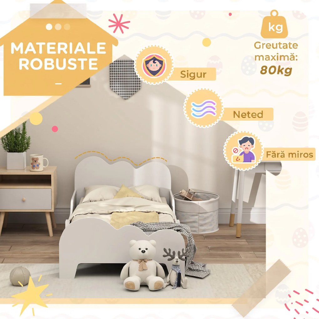 AIYAPLAY Pat Montessori pentru Copii 3-8 Ani, 143,5 x 74,5 cm, cu Bare Laterale Anti-Cădere, Model Norișor din Lemn, Alb | Aosom Romania