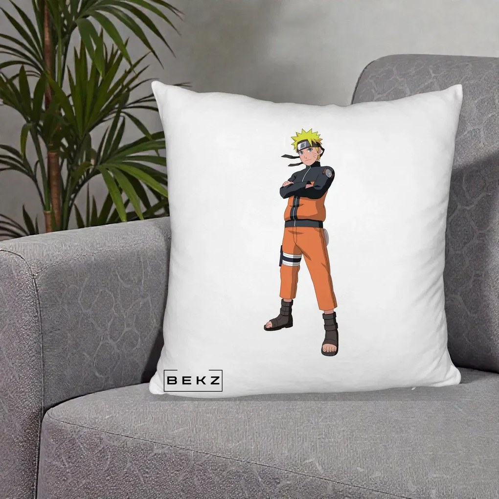 Perna Personalizata Naruto Uzumaki Portret Complet, 40x40 cm, Alb Pufos, Husa Detasabila, Perna Inclusa, BEKZ®